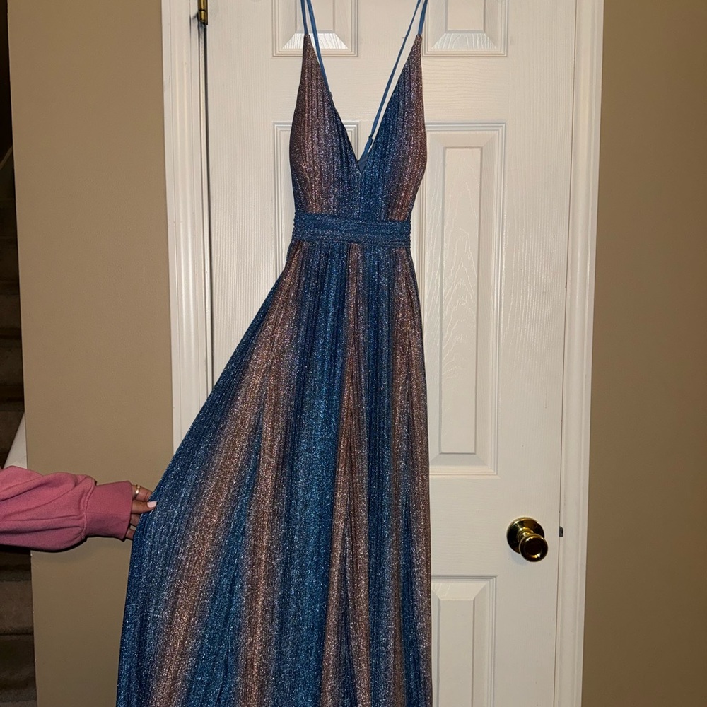 Xscape Blue and Bronze Evening Dress